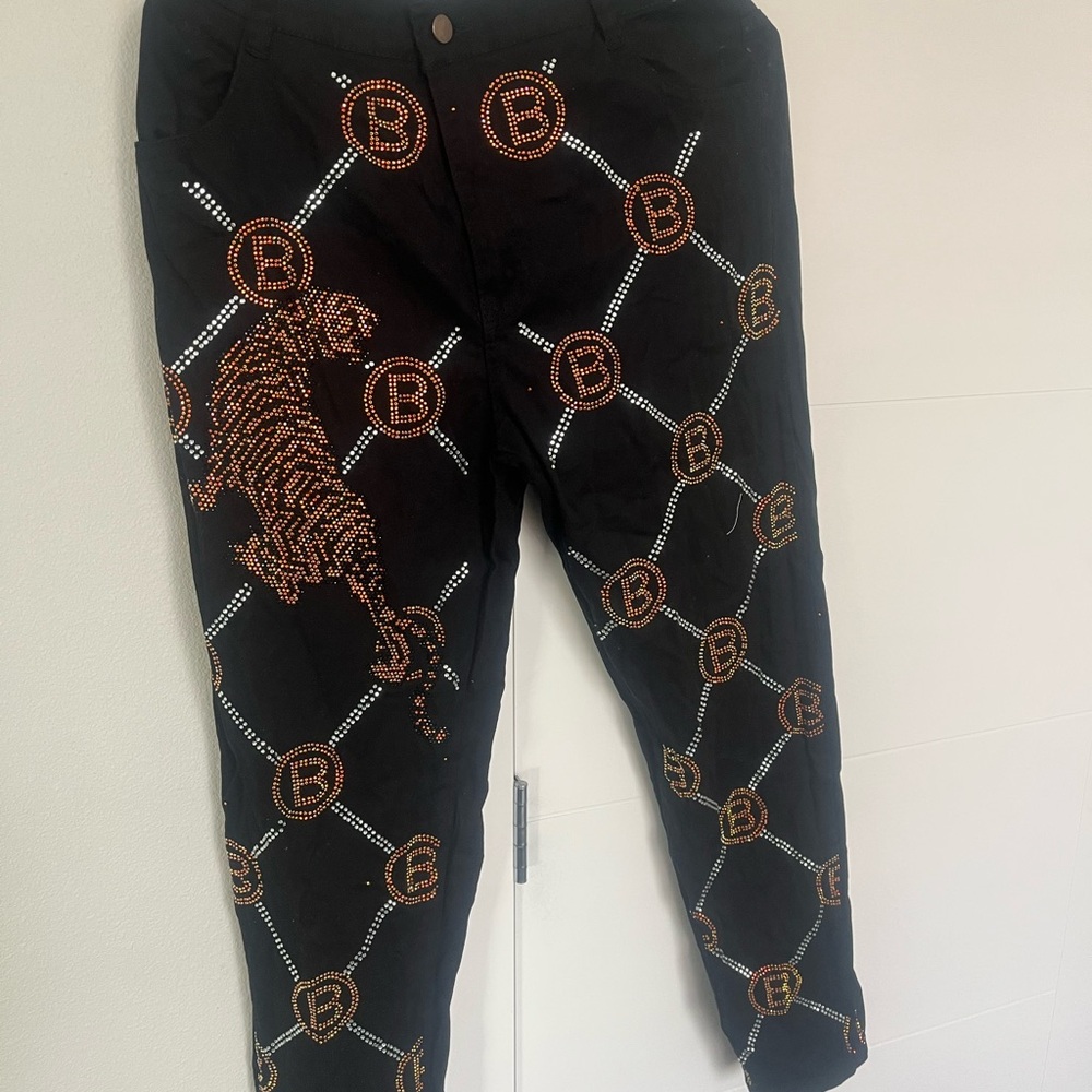 Black Pants with Tiger and Chain Design